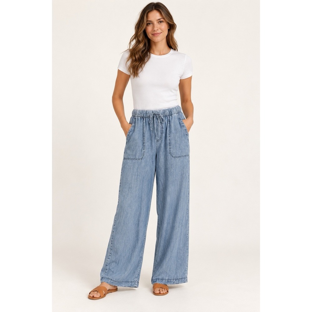 Splendid Women's XS Blue Chambray Wide-Leg Pull-On Crop Pants Lyocell